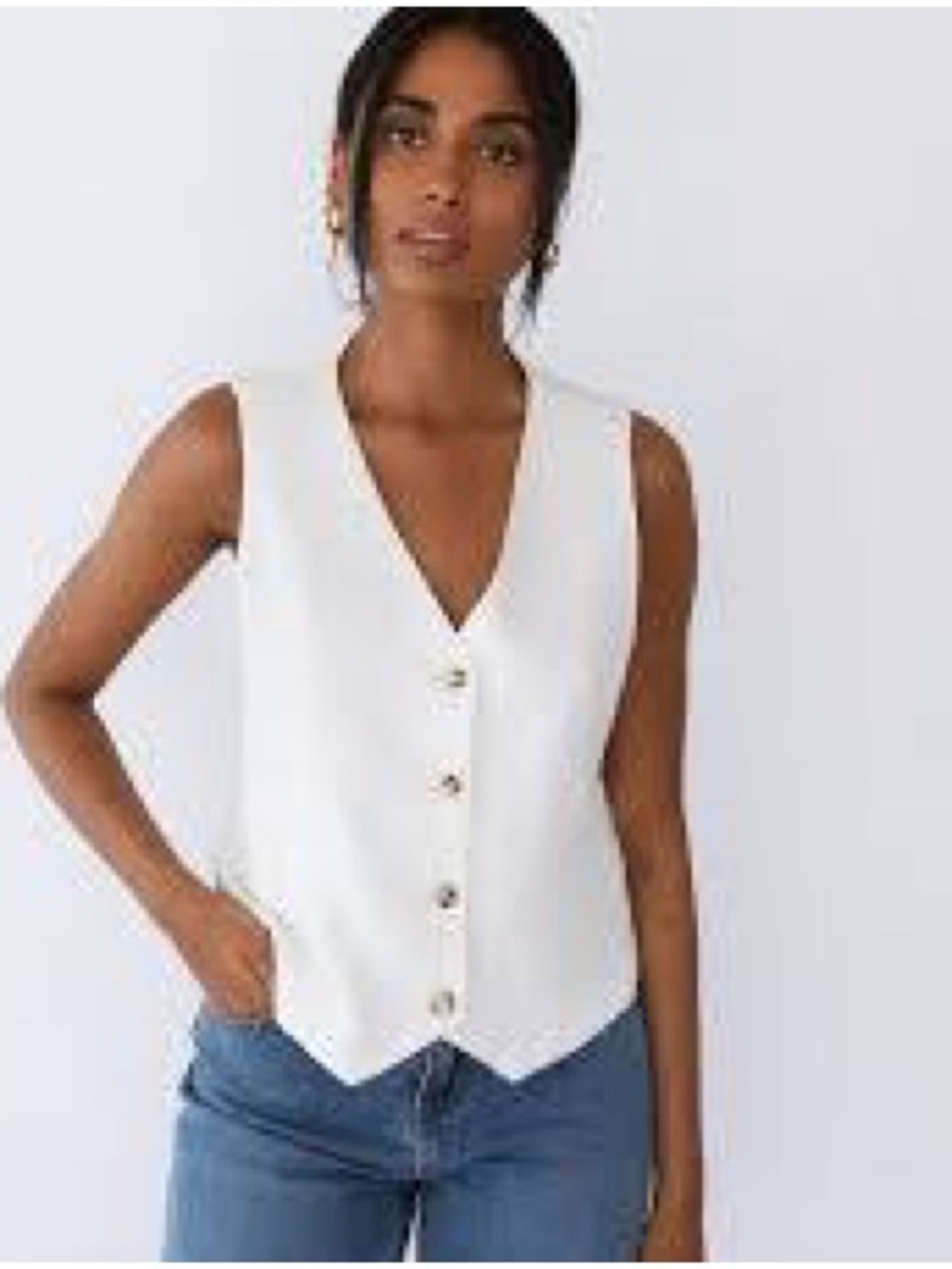 Zara White Sleeveless V-Neck Button Front Tunic